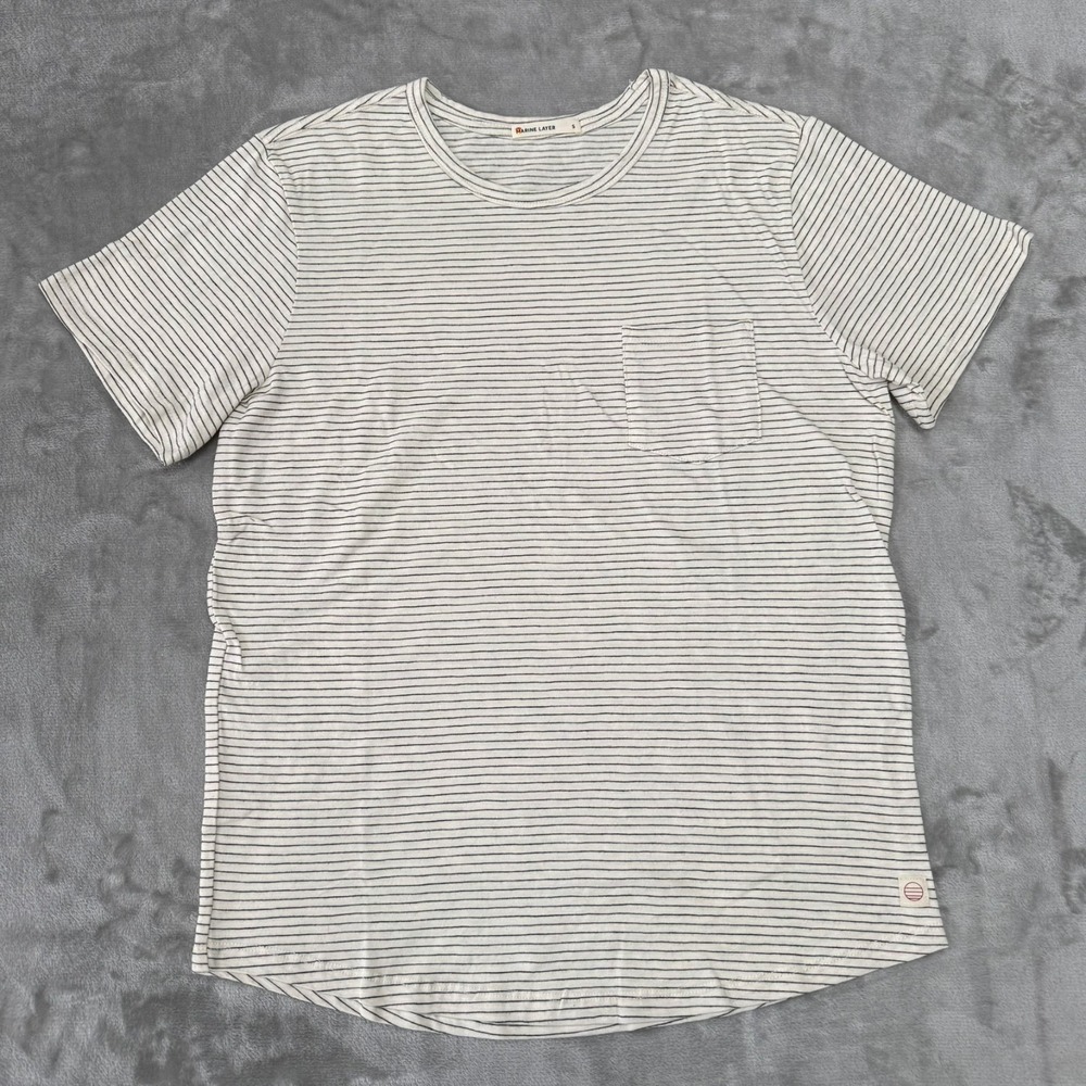 Marine Layer Saddle Hem Pocket Tee T-Shirt Mens Small Cream Black Striped NWOT